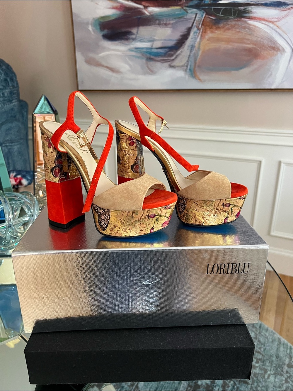 Lori Blu Red and Tan Cork Platform Slingback Heels